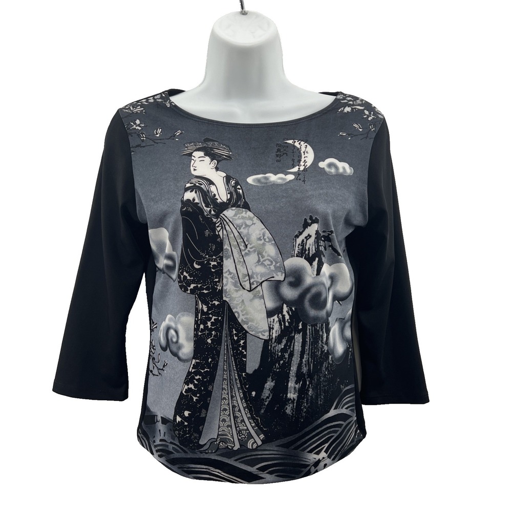 Vintage Womens Sz Medium Black White Asian Geisha Graphic Floral Top Y2K
